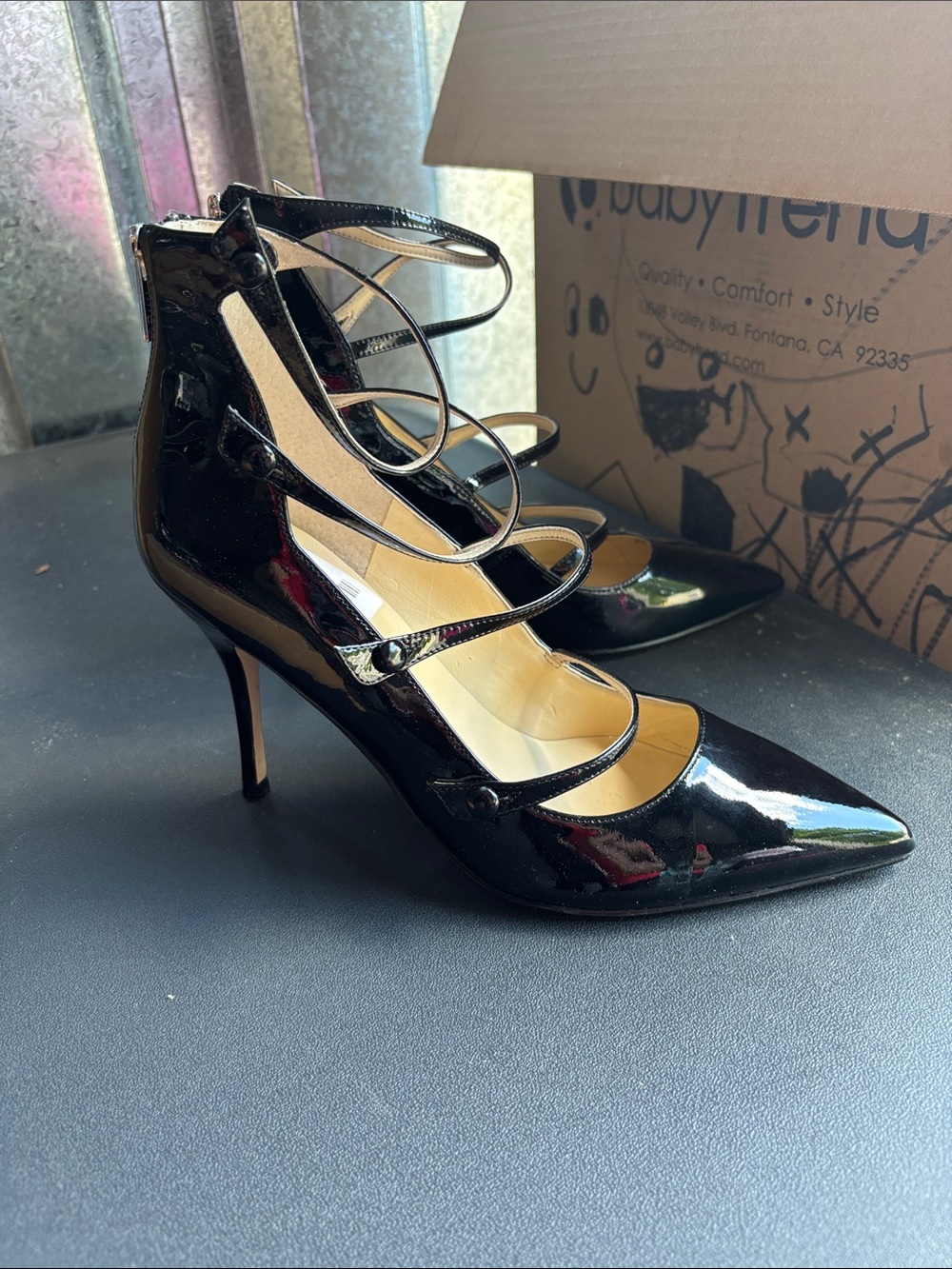 Ivanka Trump Black Patent Pointed-Strap Stiletto Heels